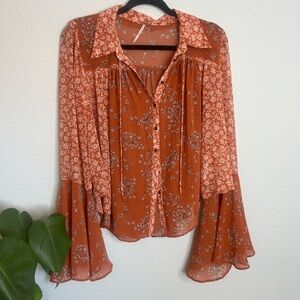 Free People Rust Floral Sheer Blouse Bell Sleeve Boho Button Front Top